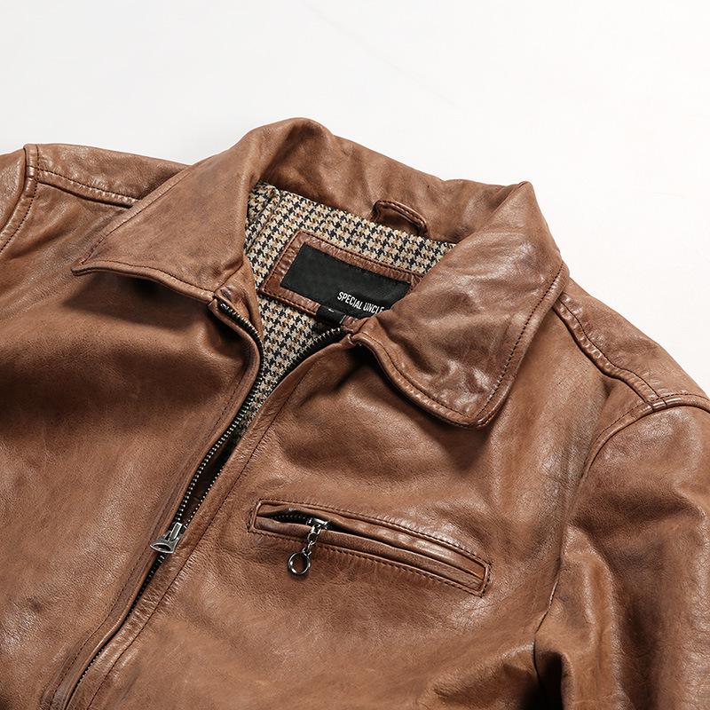 Jacky Cheung Men's Waxed Goatskin Leather Jacket with Lapel