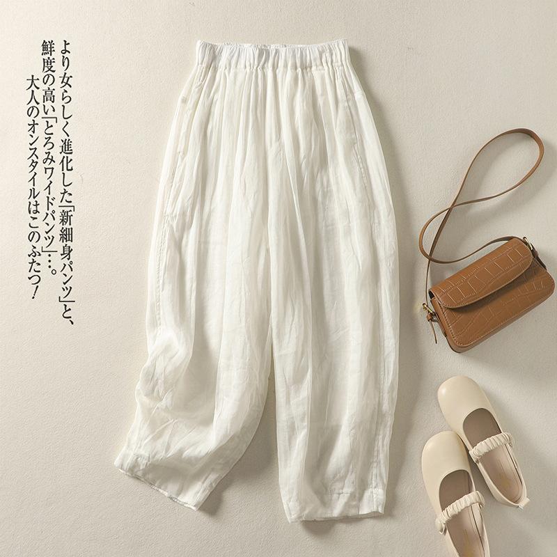 Literary and artistic large-size solid-color cotton and linen casual pants for women's 2025 summer new loose and thin simple elastic waist Harlan pant