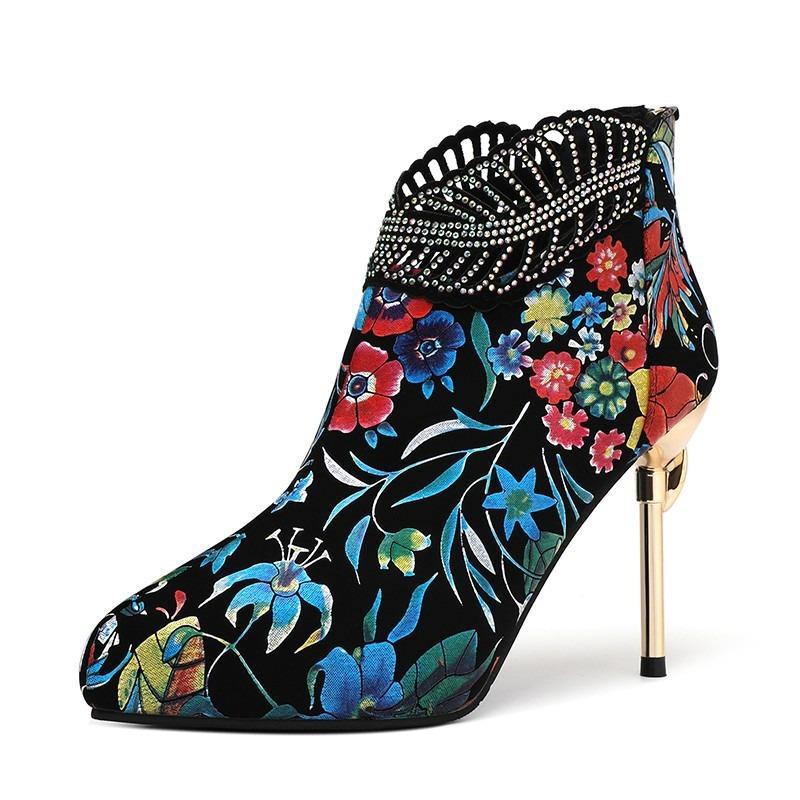 Spring and Autumn Short Boots Mesh Rhinestone Skinny Heel High Heel Women's Boots Embroidered Mom Women's Shoes and Naked Boots