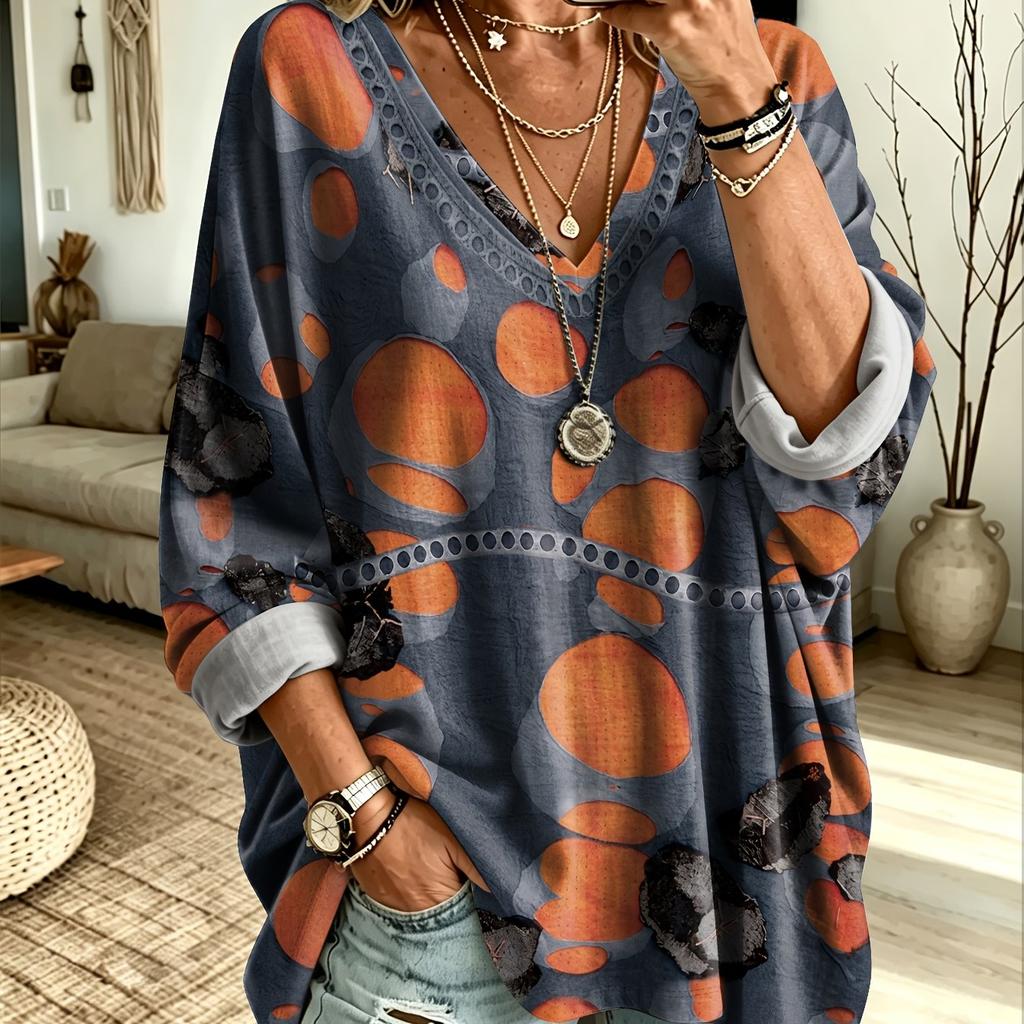 Women'S Clothing, Creative Pattern Print V-Neck Long Sleeve Pullover, Loose Body-Covering Top, No Additions