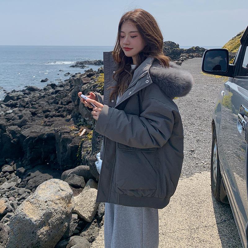 

Женское пуховое хлопковое пальто с большим карманом, новое, утолщенное, с большим шерстяным воротником, зимняя уличная рабочая хлопковая куртка XL серый