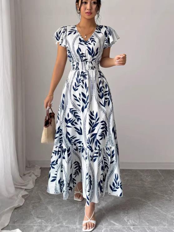 2026 Spring/Summer V-neck Printed Ruffled Slimming Long Dress
