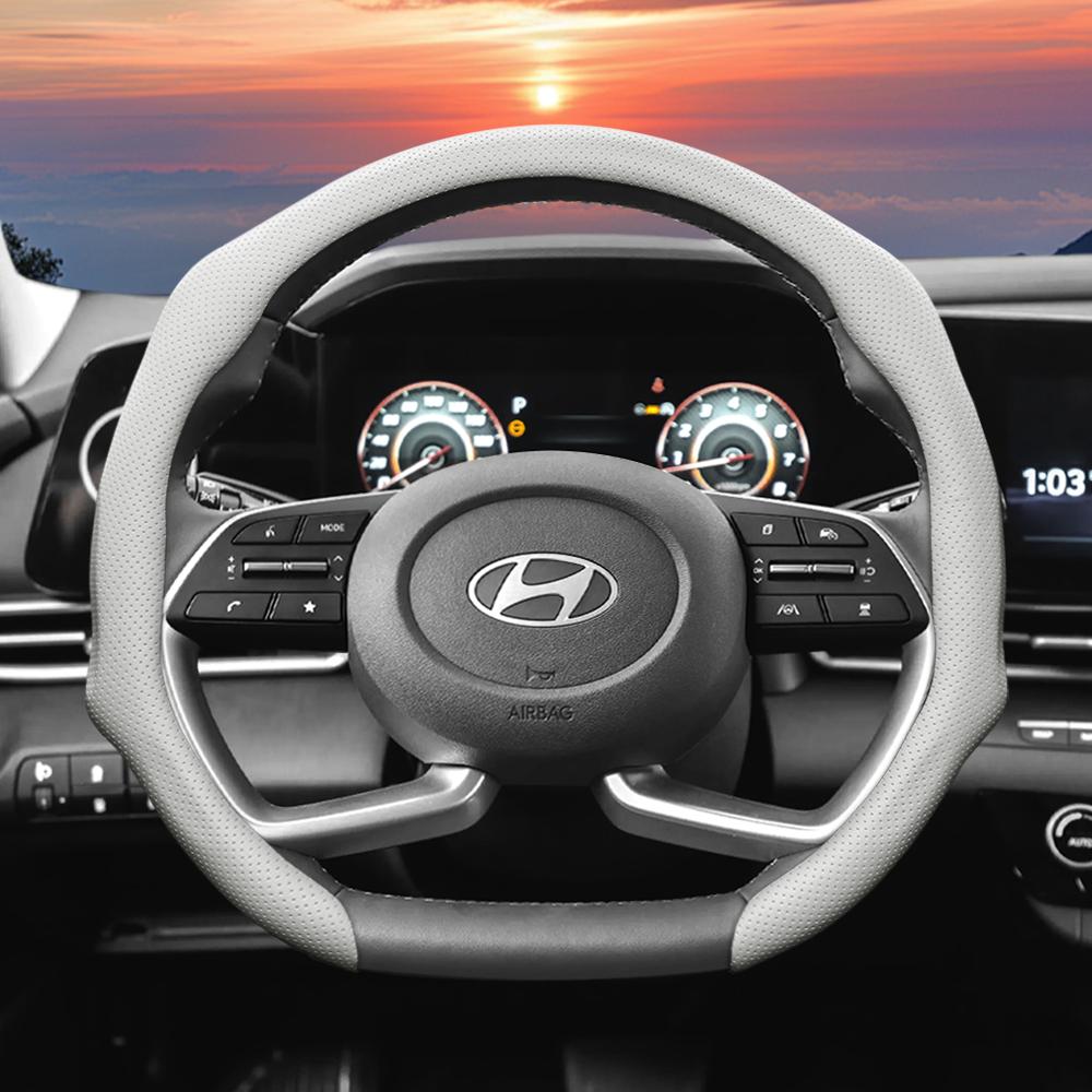 Suitable for Hyundai Perforated Leather Steering Wheel Cover, Non-Slip, Sweat-Absorbent, Breathable, Integrated Protective Case Elantra N Sonata Ioniq