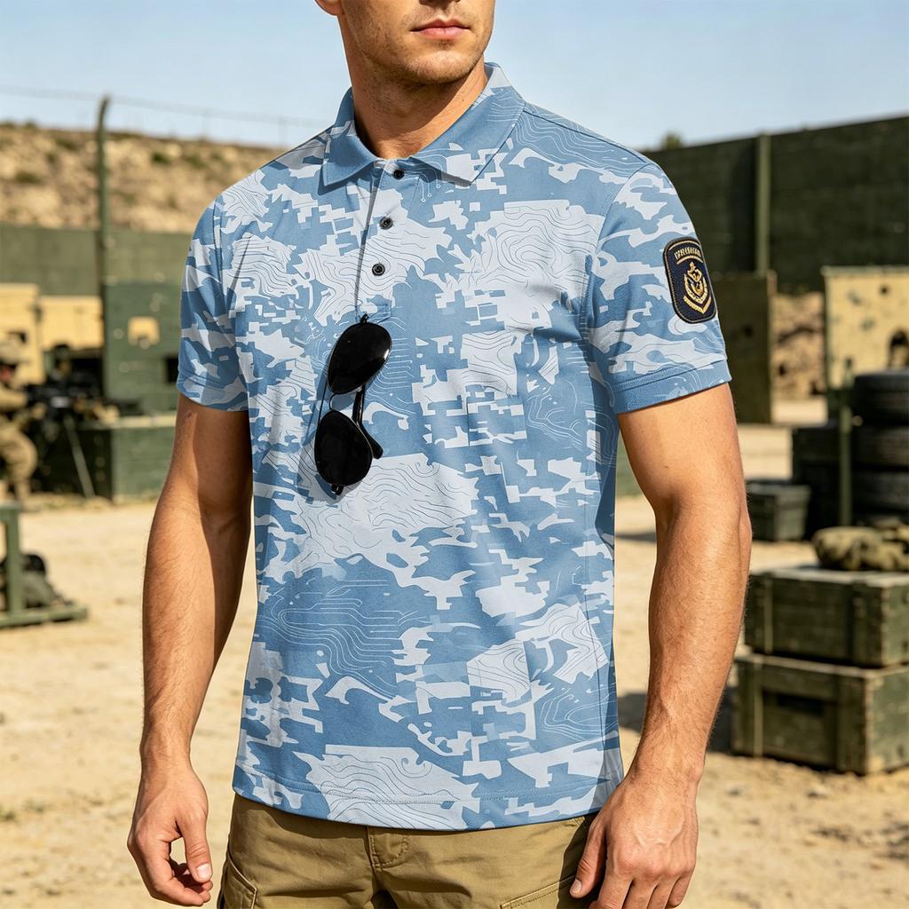 Men's Tactical Polo Shirt Loose Fit Breathable Outdoor Quick Dry Short Sleeve Camouflage Print with Velcro Patch Area