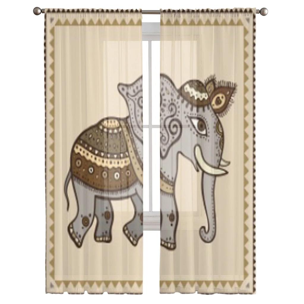 Elephant Hand Drawn Indian Style Sheer Curtains For Bedroom Living Room Tulle Curtains For Kitchen Window Voile Curtains