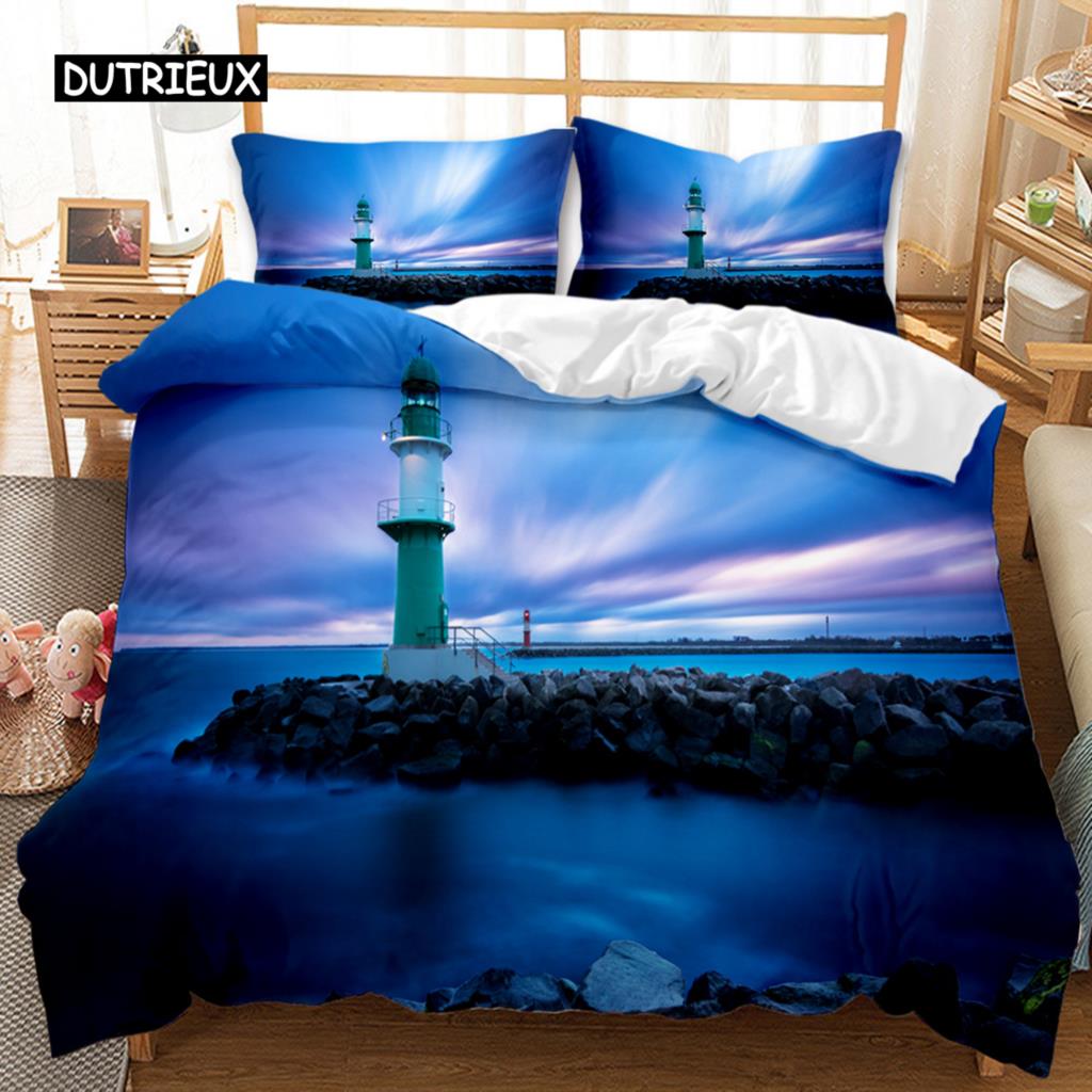 Lighthouse Duvet Cover Ocean Comforter Cover Nautical Quilt Cover Sunset Nature Double Queen King Size Polyester Bedding Set