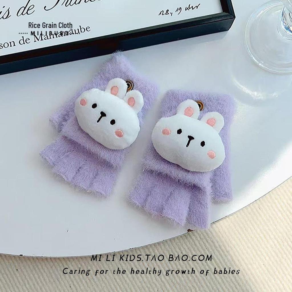 Girls' Winter Plush Rabbit Gloves: Warm, Touchscreen-Compatible, Half-Finger Flip-Top with Fleece Lining