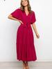 New Style V-Neck Solid Color Short Sleeve Ruched High-Waisted Dress Bohemian Maxi Dress