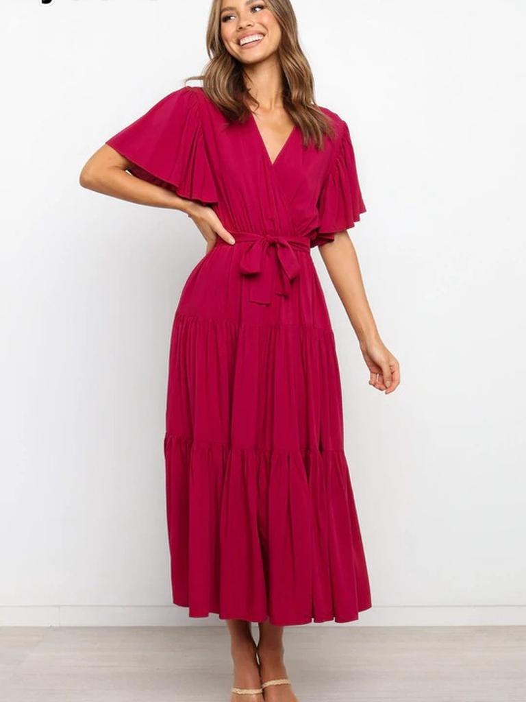 New Style V-Neck Solid Color Short Sleeve Ruched High-Waisted Dress Bohemian Maxi Dress