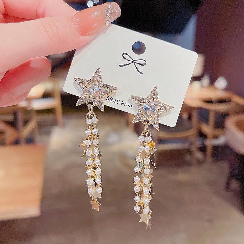 Silver Needle Super Flash Five-pointed Star Earrings Feminine Versatile Fringed Pearl Earrings Temperament Earrings Tide