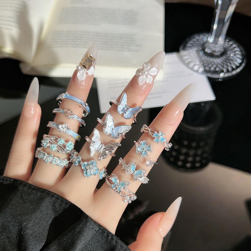 Summer New Glacier‑Blue Gradient Butterfly Flower Light‑Luxury Temperament Open Ring Niche Unique Design Adjustable Index Finger Trend Jewelry