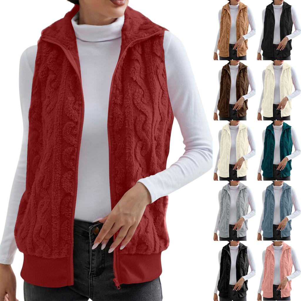 Fashionable Ladies Plaid Comfortable Fleece Cardigan Vest Stand Collar Sleeveless Women's Jacket
