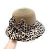 Women's Leopard Print Straw Sun Hat Wide Brim UV Protection Summer Hat with Bow Foldable Breathable Beach Hat