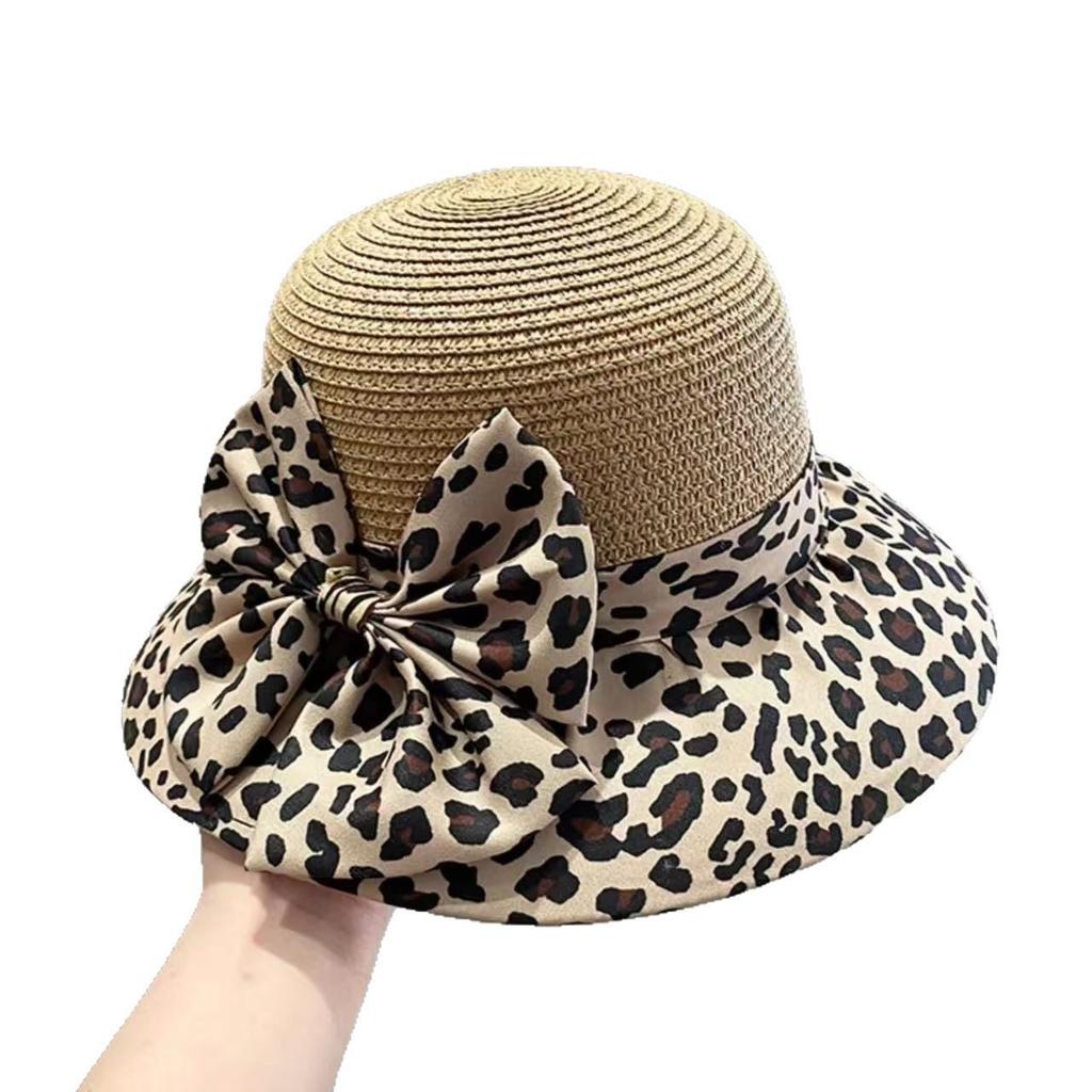 Women's Leopard Print Straw Sun Hat Wide Brim UV Protection Summer Hat with Bow Foldable Breathable Beach Hat