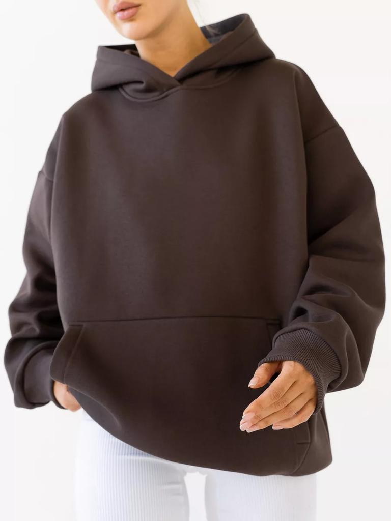 Women's Solid Long Sleeve Pocket Hoodie Sweatshirt Casual Loose Sportswear