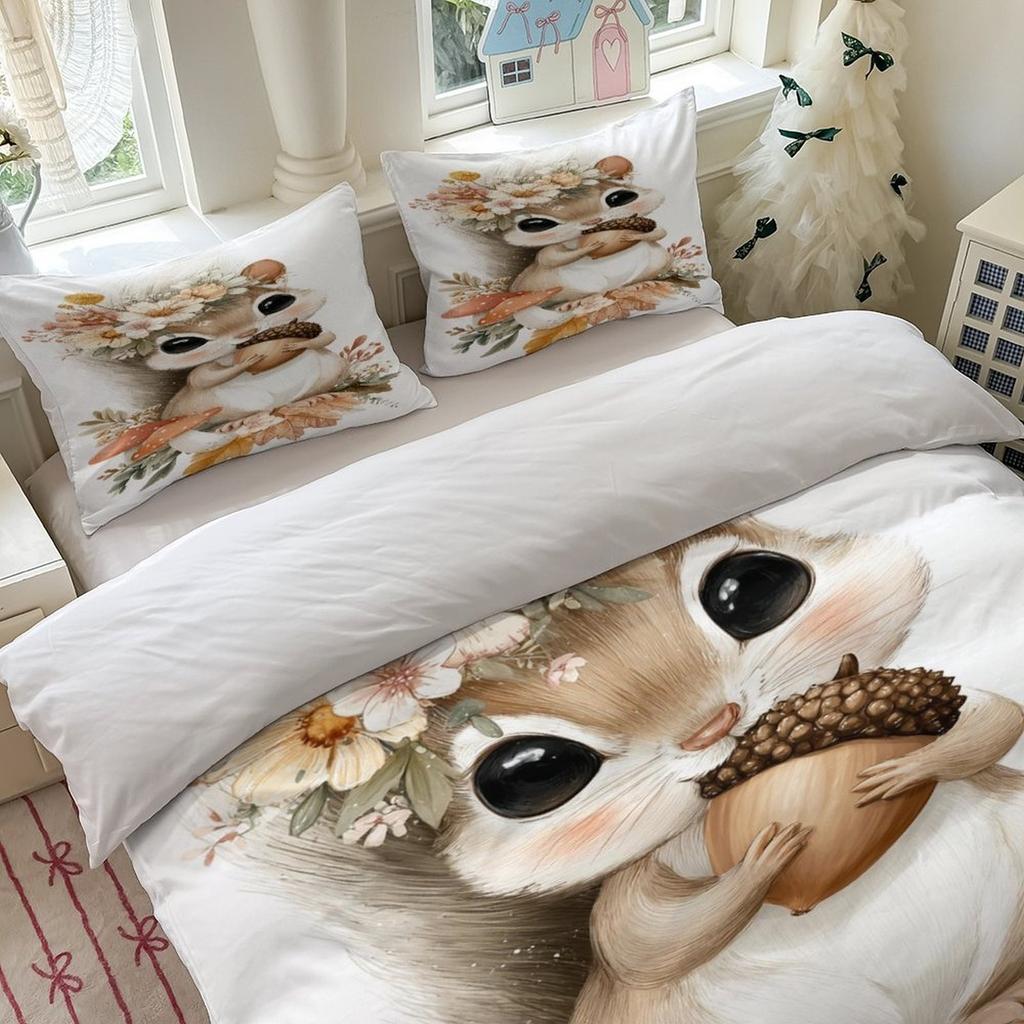Cute Squirrel Bedding Set Soft Polyester Duvet Cover Set Quilt Cover With Pillowcase For Bedroom Decor Birthday Gift For Girls