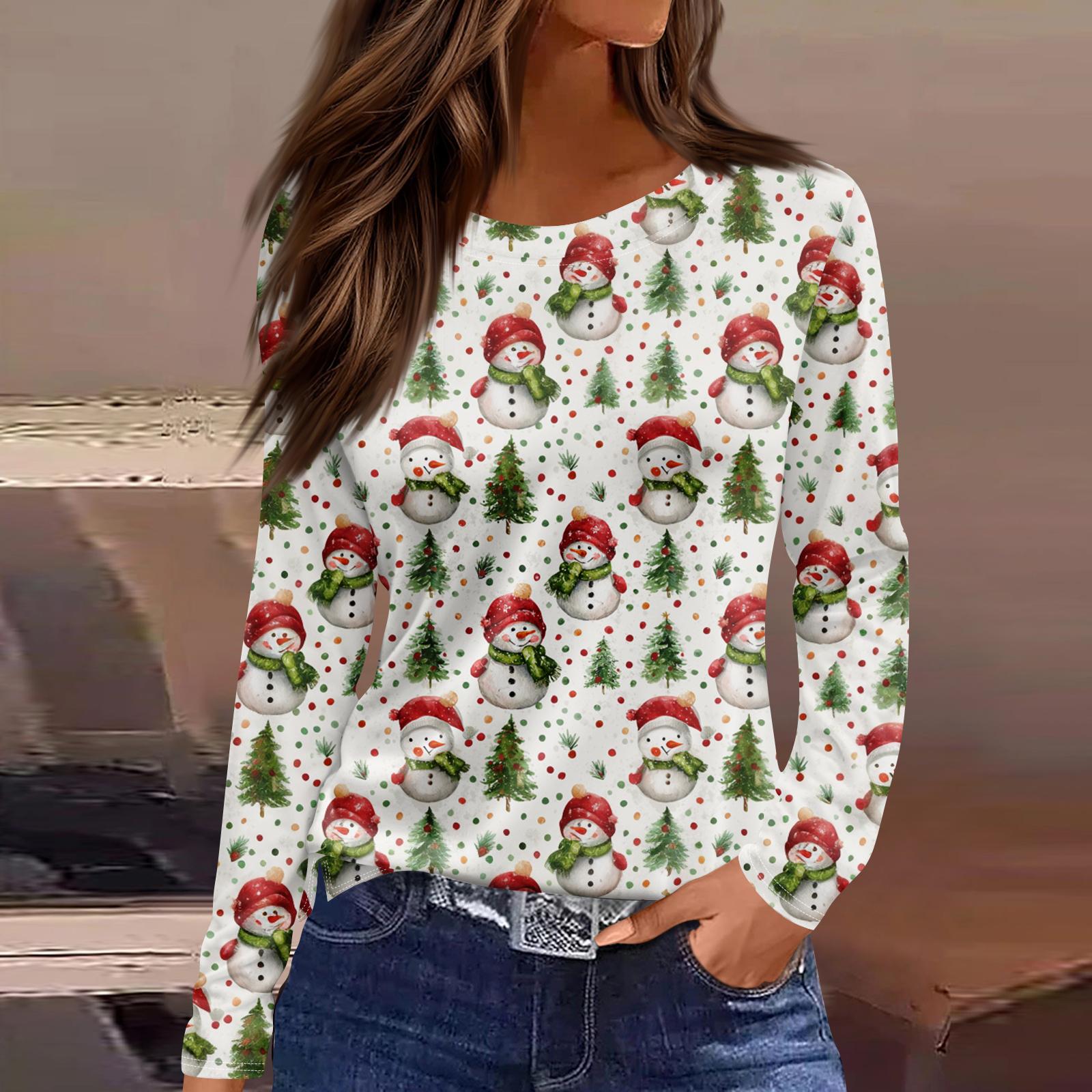 

Женская мода повседневный топ с разрезом по низу и рождественским принтом с круглым вырезом и длинными рукавами M зелёный