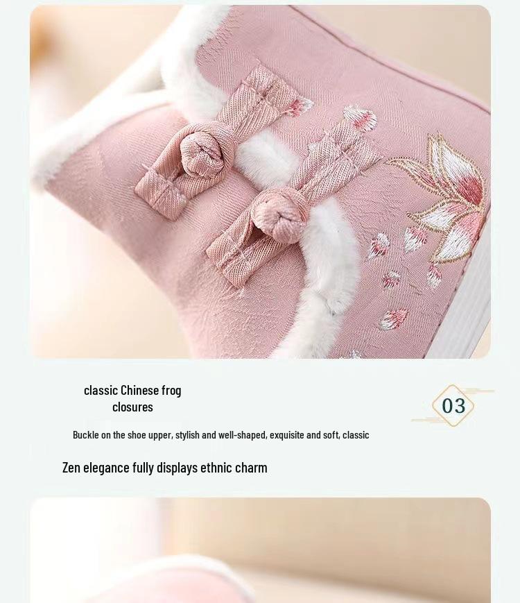 Girls' Winter Hanfu Shoes: Velvet-Lined Embroidered Cotton Boots with Non-Slip Soft Sole