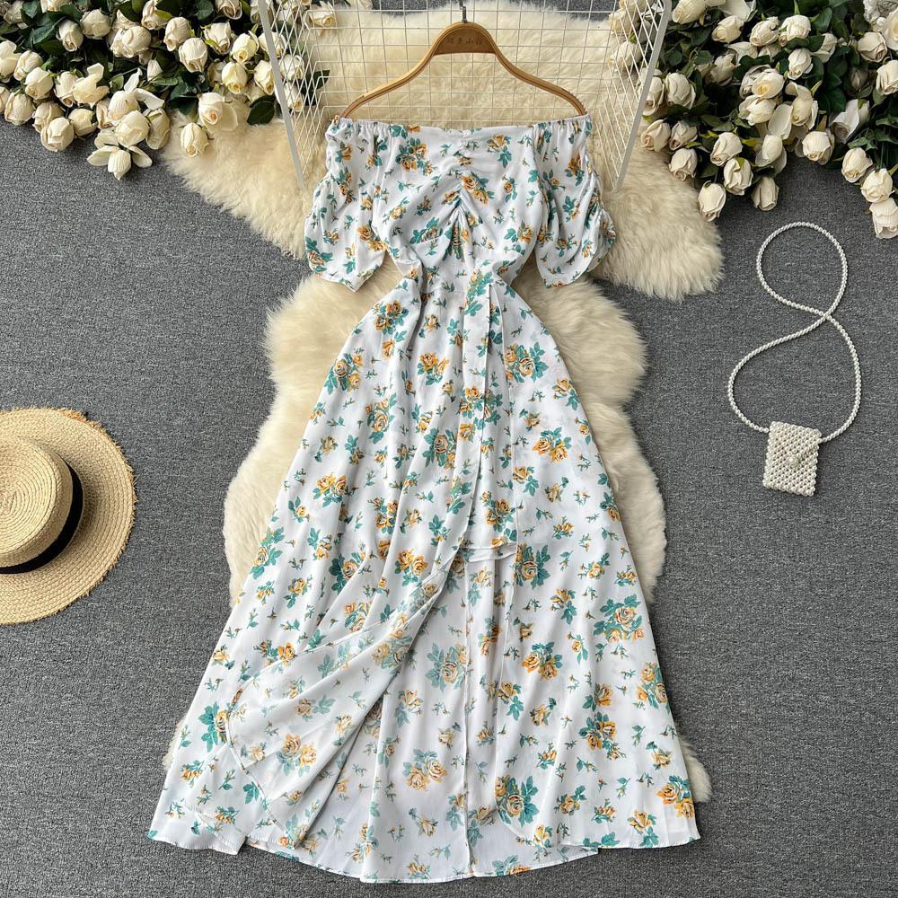 Blumenkleider Damen Sommer Französische Eustoma Ein Schulter Kurze Ärmel Teepause Schlitz Knielang Kleid