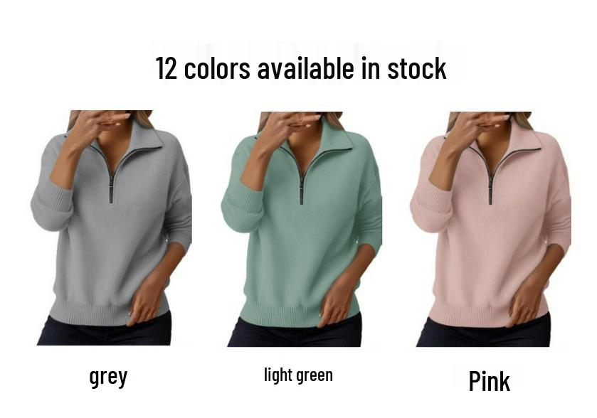 Pull en tricot pour femme 2026 à fermeture éclair et col revers - Coupe ample à manches longues pour un style décontracté