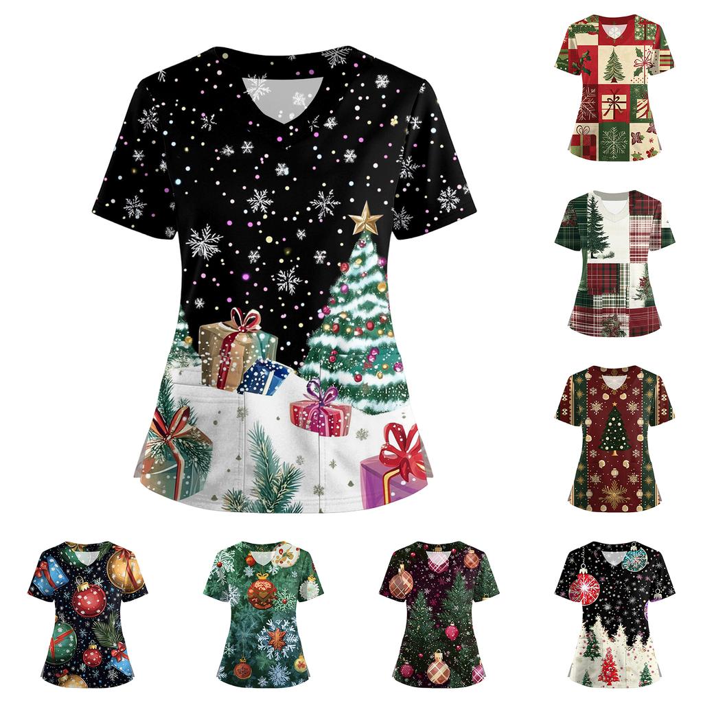 Women's Short Sleeved Christmas Printed V-neck Buttonable Side Slit Top T-shirt