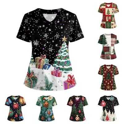 Women's Short Sleeved Christmas Printed V-neck Buttonable Side Slit Top T-shirt