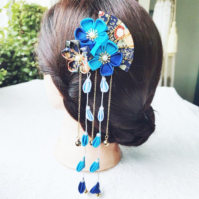 

Японское кимоно ручной работы, тканевый цветок, складной веер, аксессуары для волос, заколка с кисточкой, головной убор, заколка-автомат, юката, фестивальный декор