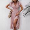 Women Boho Floral Wrap Midi Dress V Neck Ruffle Short Sleeve Belted Irregular Hem Summer Vacation Dress