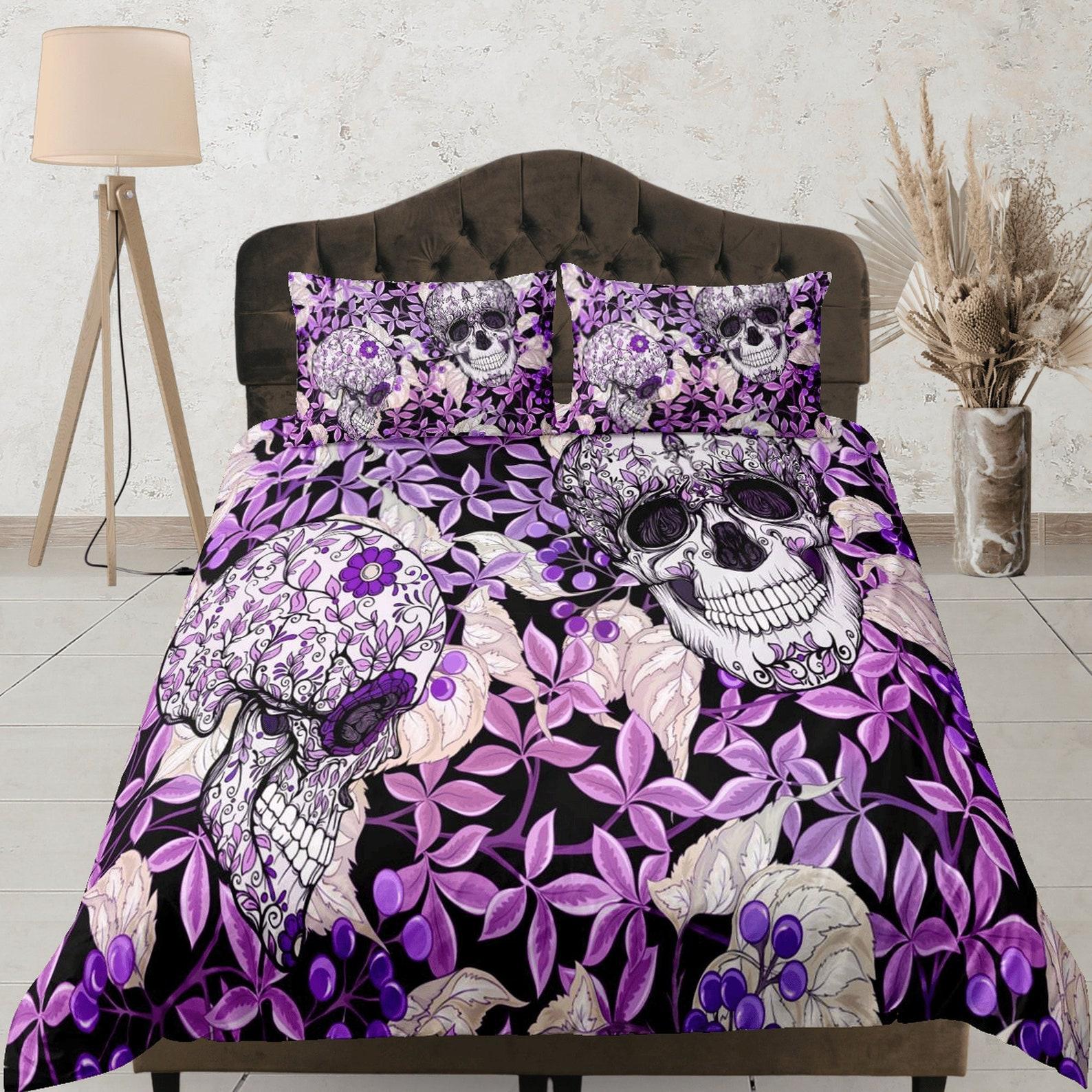 Purple Floral Skull Print Duvet Cover Set, Aesthetic Bedroom Set, Gothic Dorm Bedding, Skull Quilt Cover, Black Bedspread, Gorgeous bed set 135x200cm
