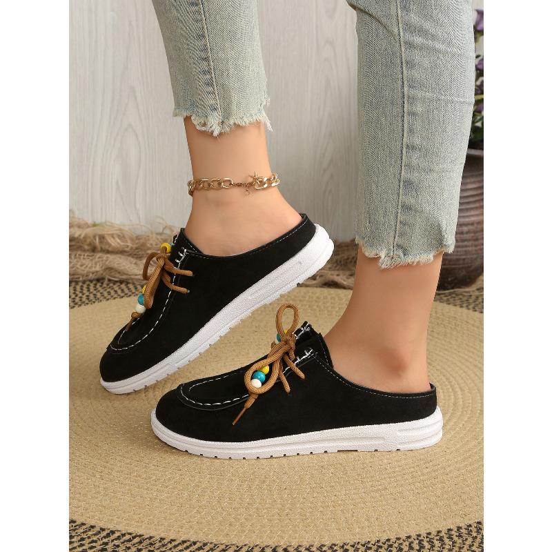 Autumn Baotou Half Slippers Women's 2025 New Plus Size Beaded Flat Casual One-Foot Slipper Slippers