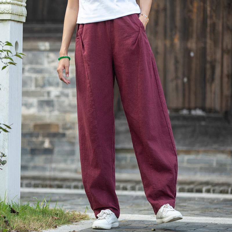 Spring Cotton and Linen Women's Literature and Art Ramie Sand Wash Stitching Casual Trousers Women's All-match Thin Linen Bloomers