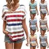 Women's Fashion Stripe Print V Neck Button Loose Short Sleeved  Pullover T-shirt Top