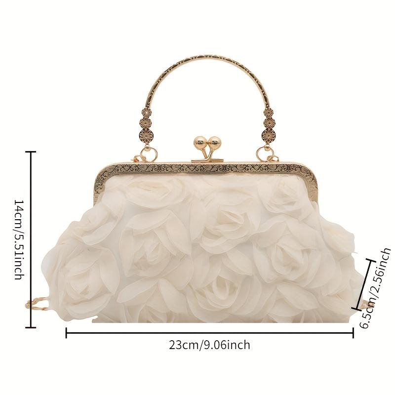 Handmade Chiffon Evening Bag 3D Flower Clutch Champagne Chinese Style Qipao Purse Chain Strap Ladies Handbag for Wedding Party