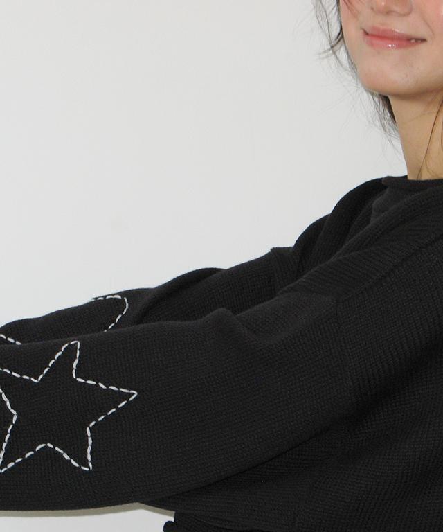 RONRON Heart Star Hand Stitch Overfit Crop Knit Black
