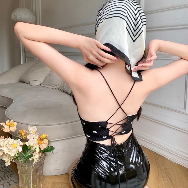 Irregular Tanks Top Heart Print Hanging Neck Straps Top Knitted Camisole For Women