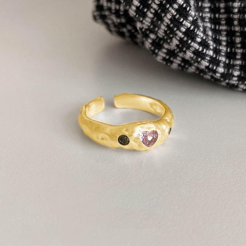 Irregular Texture Pink Diamond Love Ring Female Ins Wind Senior Sense Niche Personality Sweet Lava Texture Opening Casual Dainty Minimalist Ring