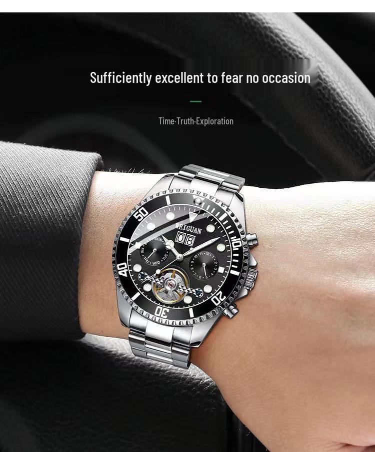 Green Ghost Automatic Tourbillon Men's Watch with Multifunctional Calendar, Luminous Features, and Waterproof Design.