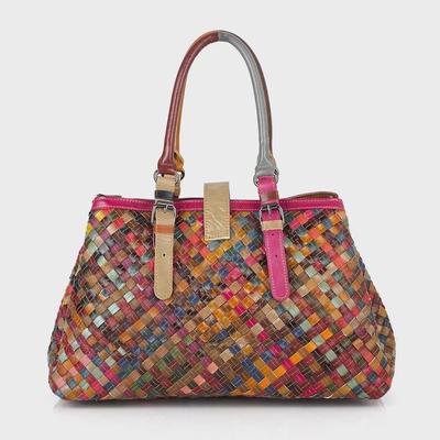 Borsa a mano multistrato retrò intrecciata in vera pelle da donna con lucchetto