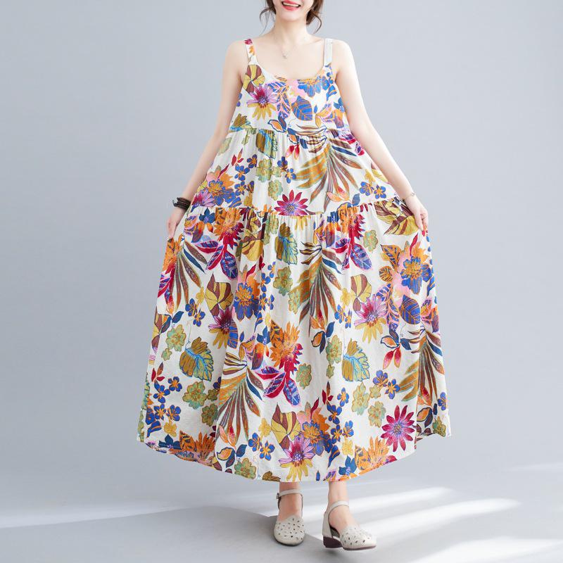 

Летнее платье 2025 года большого размера на тонких бретельках с принтом - Макси из хлопка и льна для женщин One Size белый/кремовый