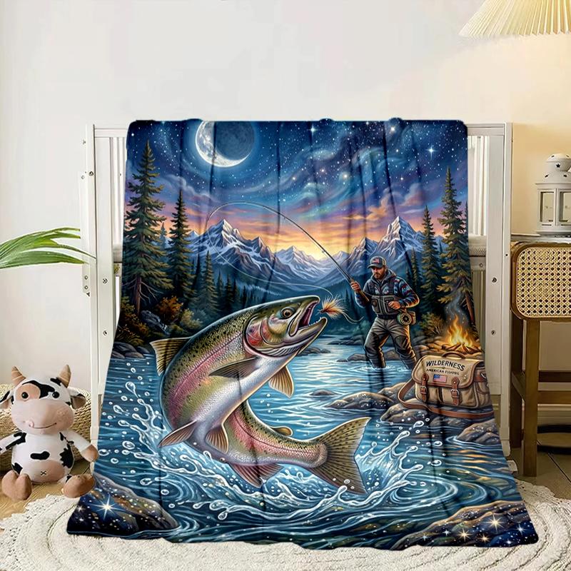 Salmon Amidst Nature Blanket Flannel Blanket for bed, sofa, Camping, Hiking, Picnic Essentials, gift for family Fan gifts