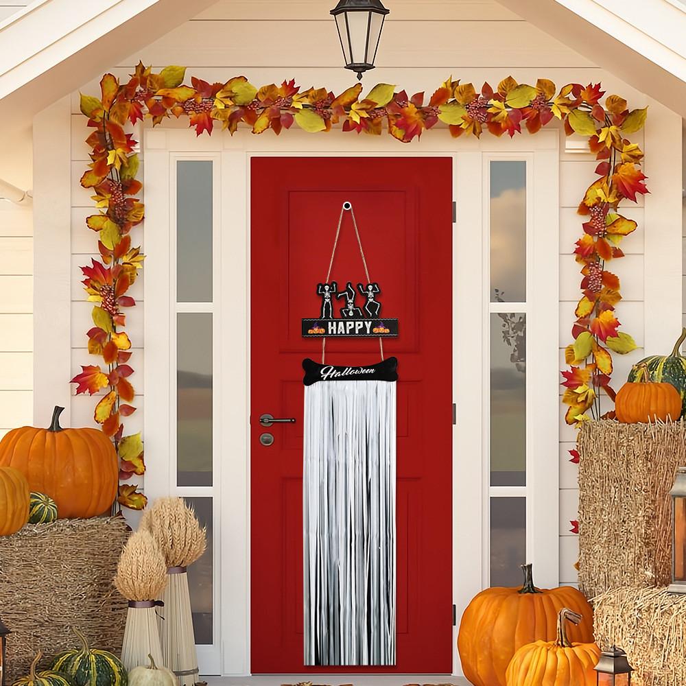 Halloween Eyecatching Wooden Sign With Rainy Tassels Featuring Bats Witches And Skeletons Decor For