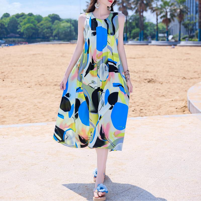 Elegant Sleeveless Beach Dresses For Woman Plus Size Casual Loose Vintage Print Long Dress Summer Women's Clothing