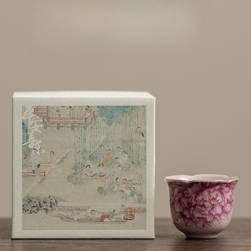 Pink Ru Kiln Peony Flower Mouth Cup, Household Ceramic Tea Cup, Master Cup, Tea Cup, Open Piece Can Be Raised