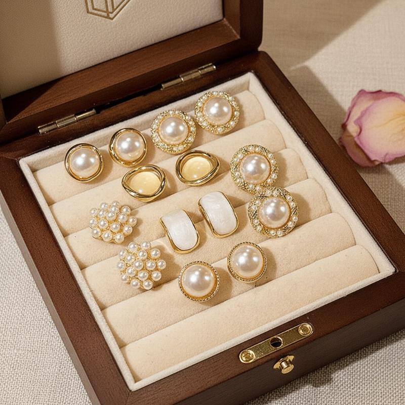 Retro Gold Stud Earrings 2Pcs Set Geometric Edge with Imitation Pearl Chic Girls Party Jewelry