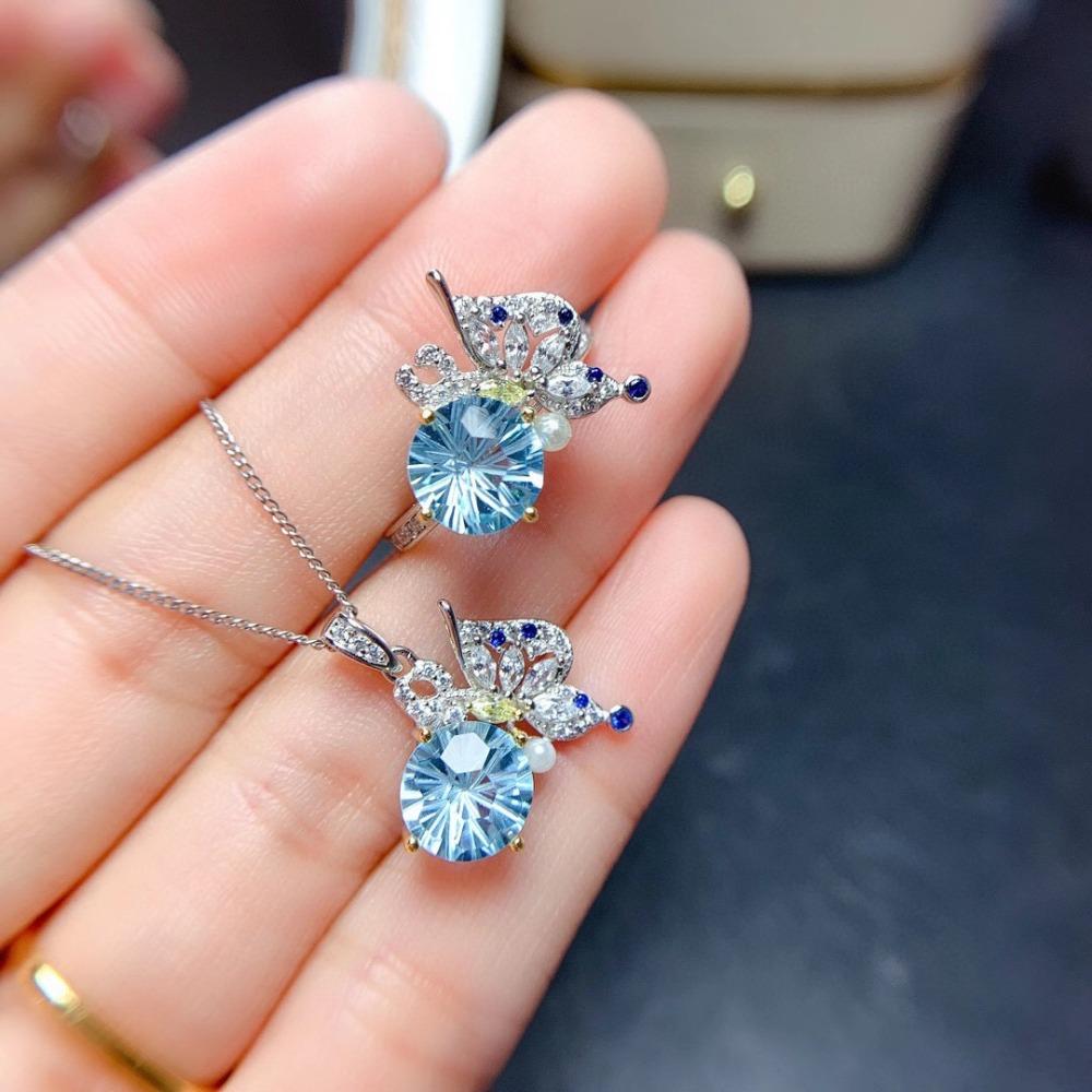 Women Jewelry Set Blue Topaz Butterfly Ring Pendant Necklace Set Fairy Design Firework Cut Live Stream Popular