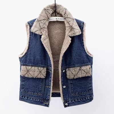 Damen Herbst und Winter Gepolsterte und verdickte Jeansweste Lose Knöpfe Ärmellose Baumwollkleidung
