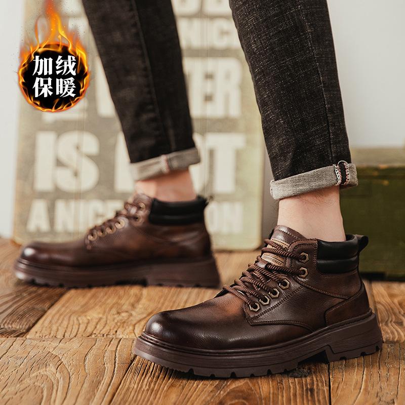 

Мужские кожаные ботинки Мартина в британском стиле, ретро, высокие, хлопковые ботинки, осень-зима, новинка, с увеличением роста, на бархатной подкладке, теплые, короткие ботинки, тренд 44