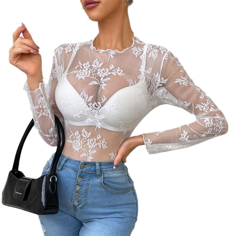2025 Floral Embroidered See-Through Long Sleeve Lingerie Top