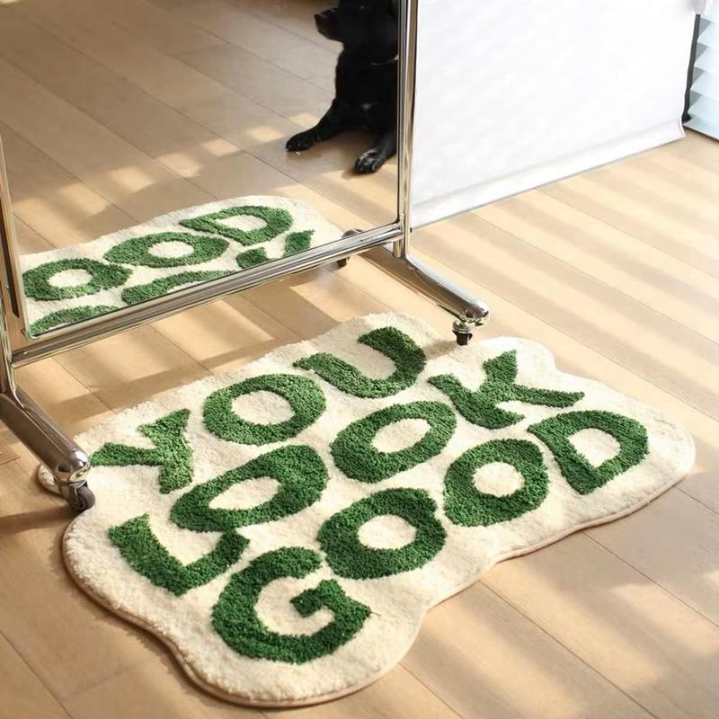 Irregular Letter Green Floor Mats, Soft And Anti-Slip Faux Cashmere Area Carpets, Bedroom Chair Gift Floor Mats, Home Decoration