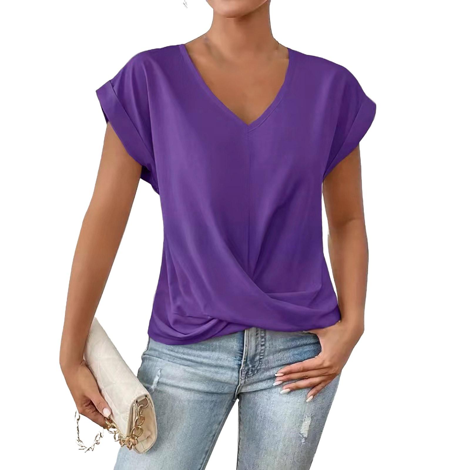 

Модные топы, однотонная футболка с V-образным вырезом, элегантная, с коротким рукавом L фиолетовый
